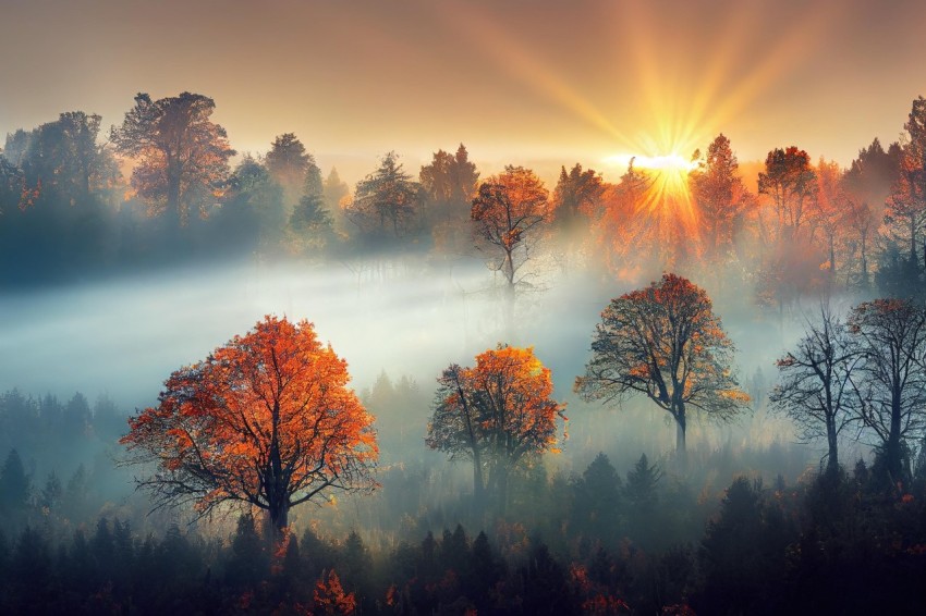 Misty Forest in Autumn: Dramatic and Colorful Nature-Inspired Landscape