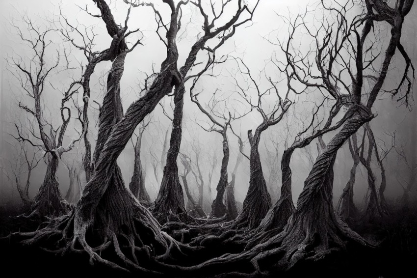 Black and White Painting of Trees in Dark Forest | Tangled Forms | Realistic Landscape