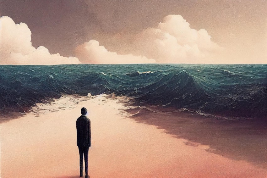 Surreal Illusions: Painting of a Person Standing at the Edge of the Sea