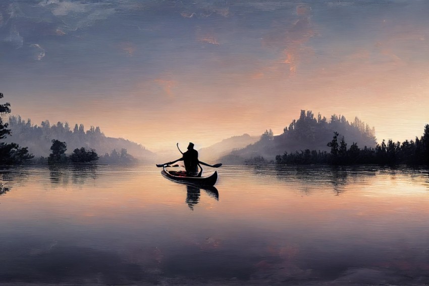 Peaceful Morning: Digital Painting of Man in Canoe on Lake