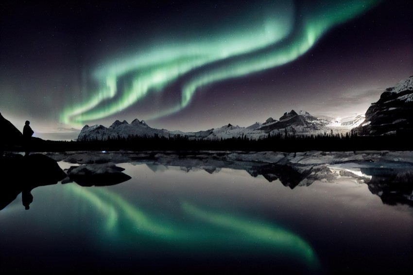 Aurora Borealis Over Water and Mountains: A Captivating Nighttime Spectacle