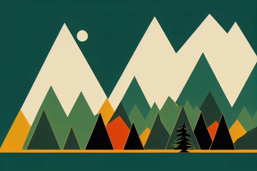 Minimalist Mountains and Trees Illustration in Dark Teal and Amber