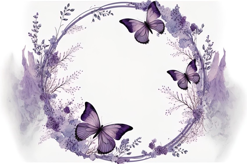 Purple Watercolor Frame with Delicate Butterflies | Nature-inspired Art