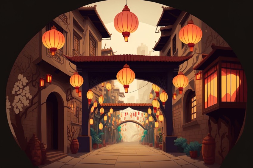 Chinese Alleyway with Lanterns and Arch | Villagecore Aesthetic