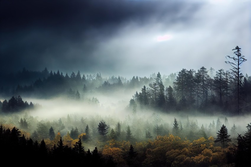 Misty Autumn Forest with Atmospheric Landscape