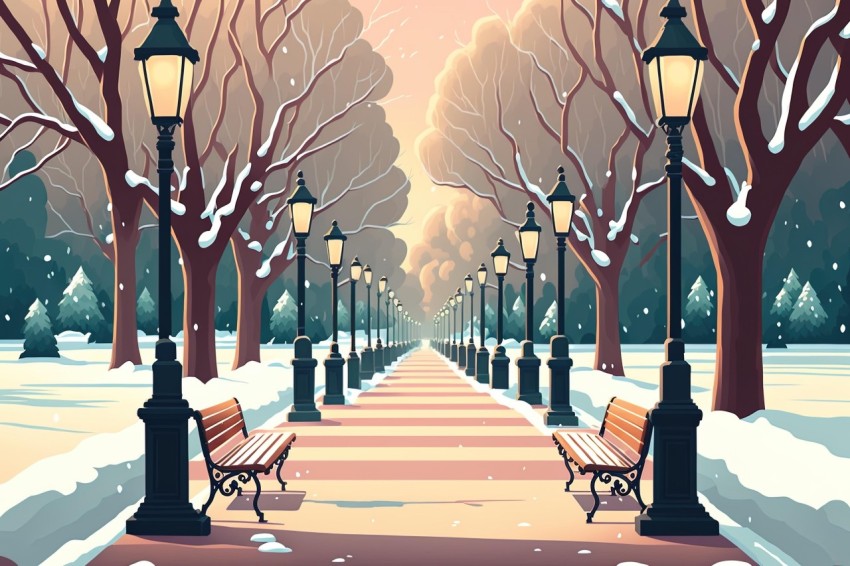 Winter Path with Benches and Lights in the Snow - Art Nouveau Inspired