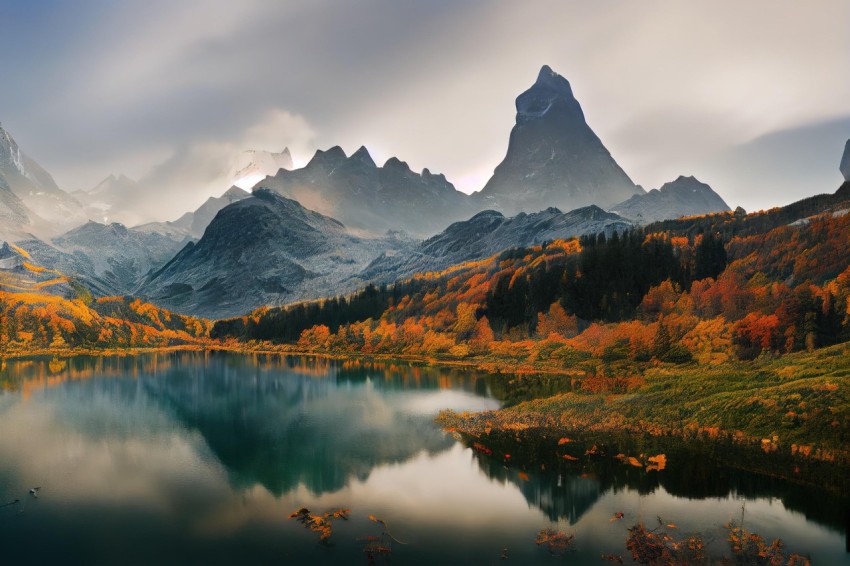 Mountain Range Near Water - Serene Landscape in Light Amber and Gray