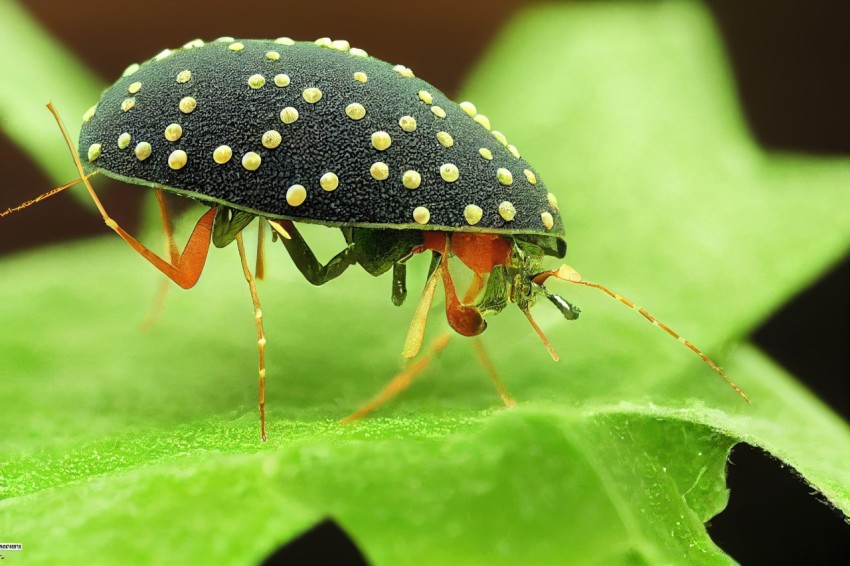 Bug on Green Leaf with Intricate Costumes and Organic Architecture
