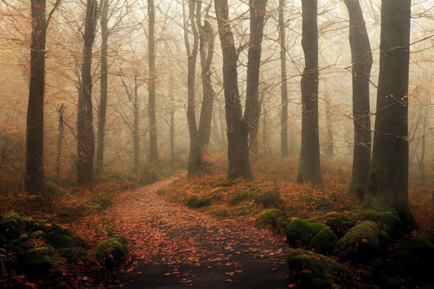 Foggy Forest Path in Warm Color Palette - Serene and Captivating Landscape