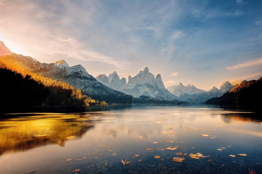 Serene Lake Scene with Mountain Reflection | Fairytale-inspired Artwork