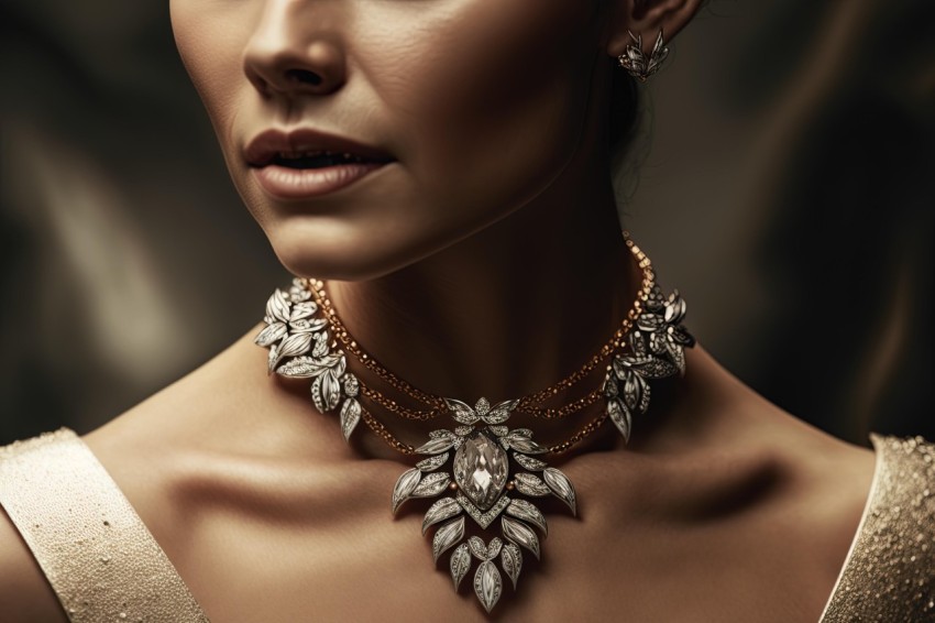 Elegant Woman Wearing a Gold and Diamond Necklace