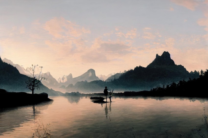 Serene Sunset Landscape with Mountains and Boat