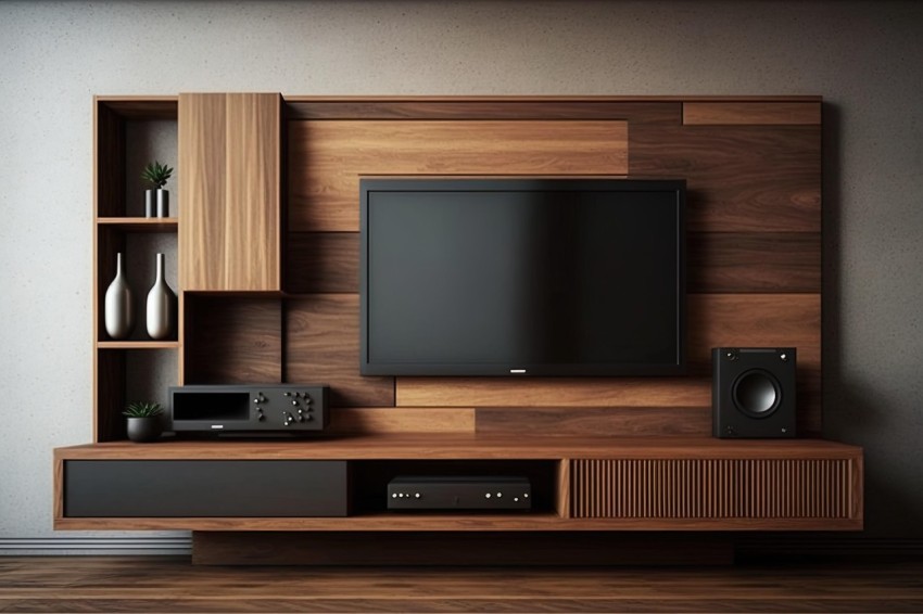 Modern Wall Unit Design with Brown Wood Entertainment Center and Speakers