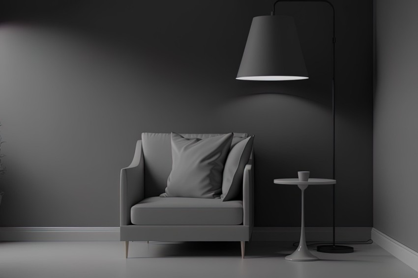Minimalist Grey Chair with Lamp in Dark Room | Realistic Rendering