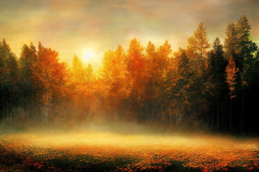 Ethereal Autumn Landscape with Foggy Mist in a Forest | Realistic Rendering