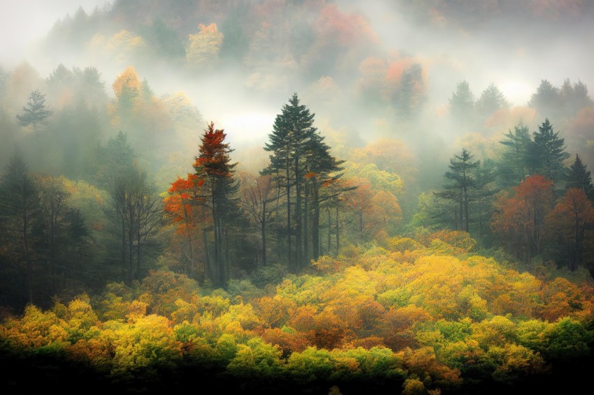 Enchanting Forest Landscape: Traditional Japanese Artistry with Mesmerizing Colors