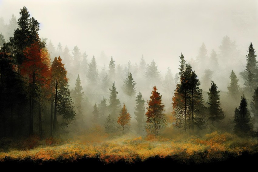 Misty Forest Landscape with Detailed Foliage