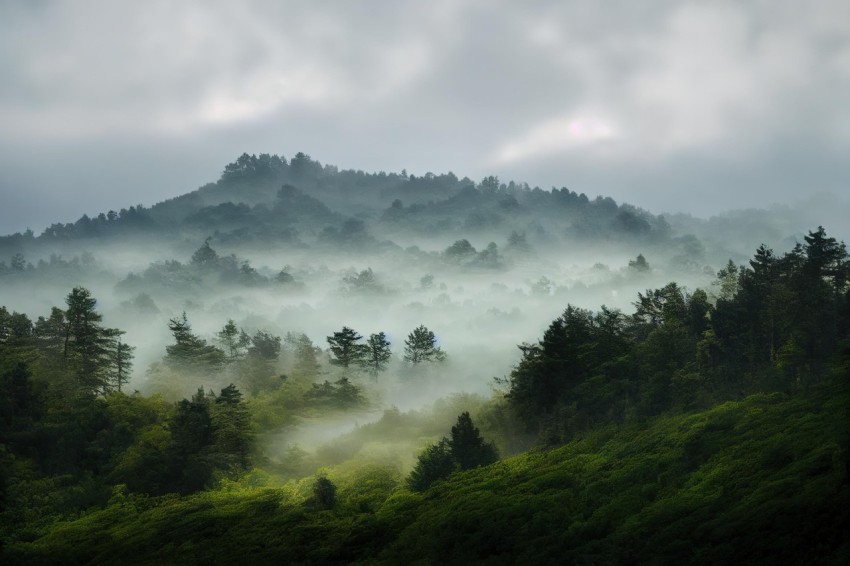 Foggy Forest Mountain: Organic Formations in Light Black and Green