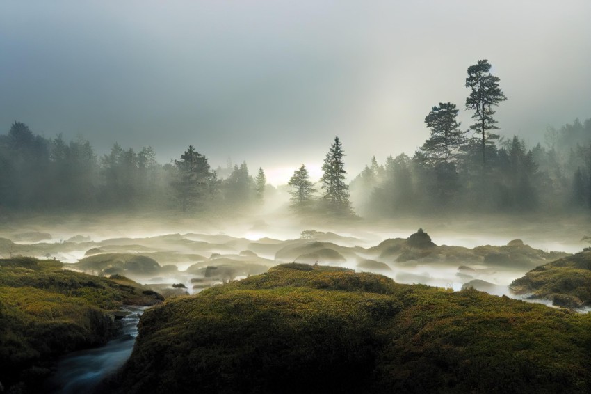 Misty Forest River: Norwegian Nature in Luminist Landscape Style