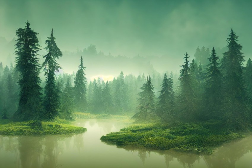 Enchanting Forest Landscape with River in Mist - Vibrant Fantasy Art