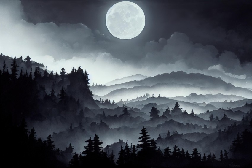 Gothic Black and White Digital Painting of Mountains with Full Moon