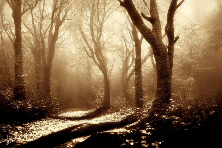 Dark Forest in Sepia Tone: Luminous and Dreamlike Landscape