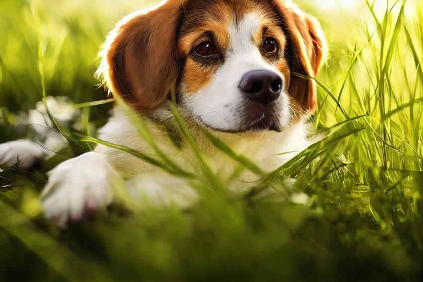 Peaceful Dog in Grass: Dreamy and Tranquil Nature Photography