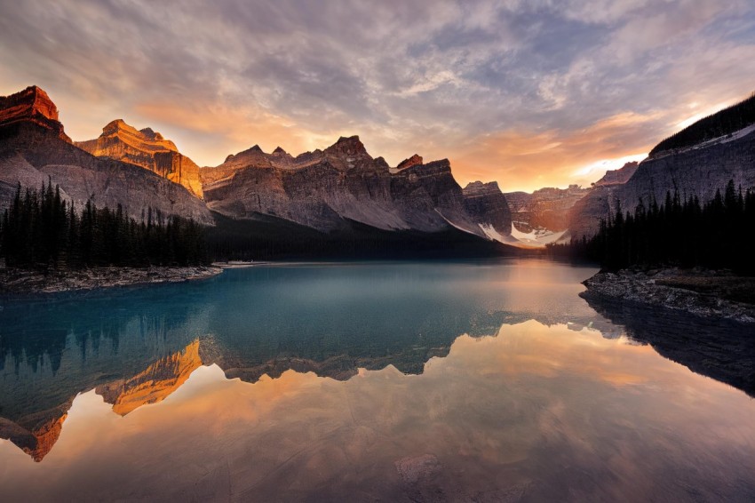Serene Sunrise in the Mountains Reflecting over Water
