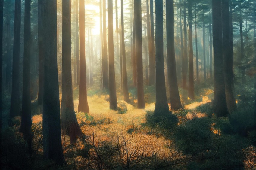 Enchanting Forest Landscape: Sunlight Shining Through | Teal & Amber