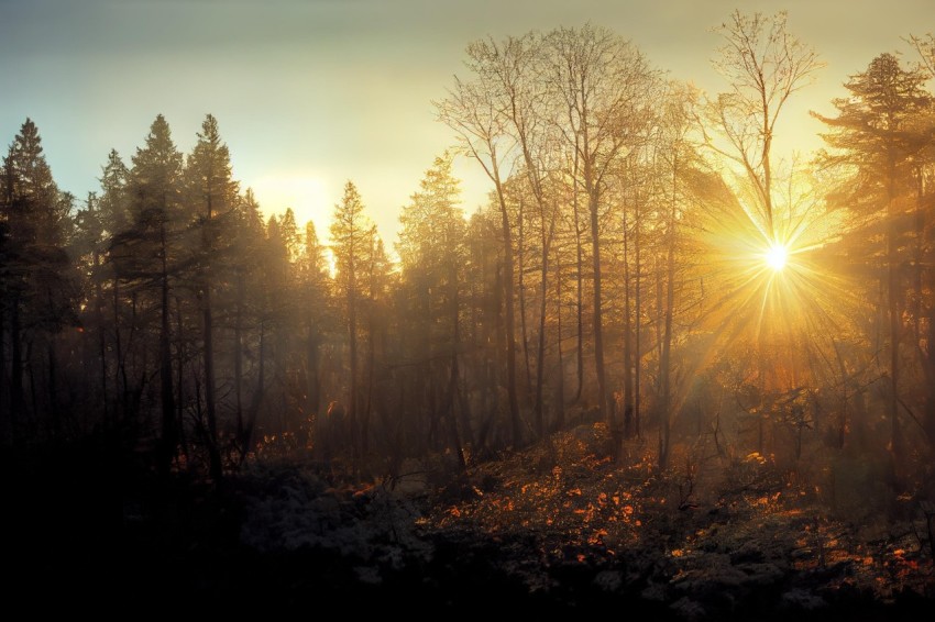 Golden Light Through Trees: Captivating Forest Panorama