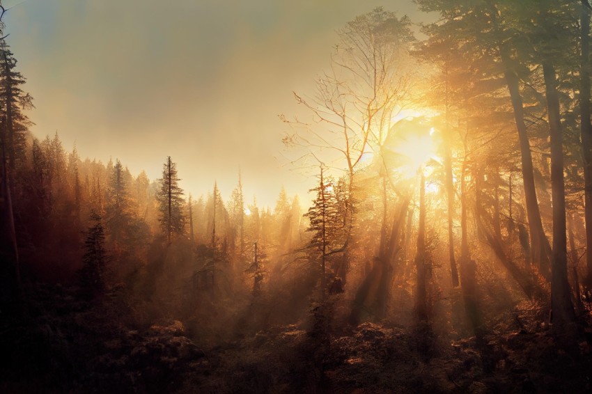 Foggy Forest at Sunset: Realistic Hyper-Detailed Rendering