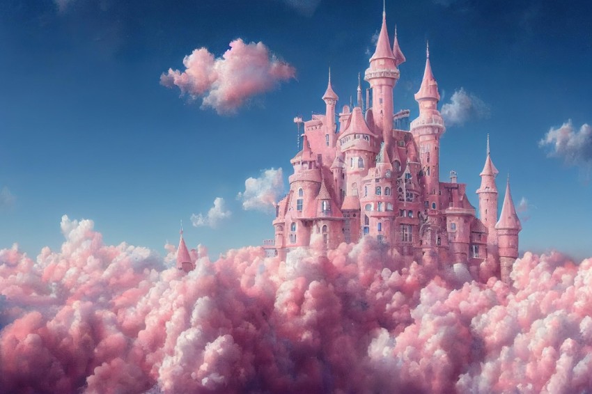 Whimsical Pink Castle Floating in the Clouds - Surreal Fantasy Art