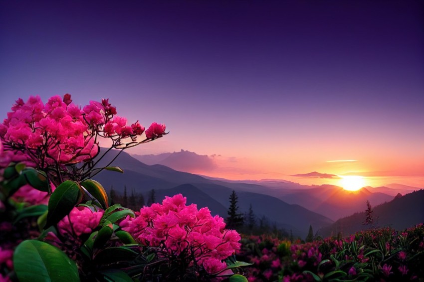 Sunrise in the Mountains with Pink Flowers - High Detailed Image