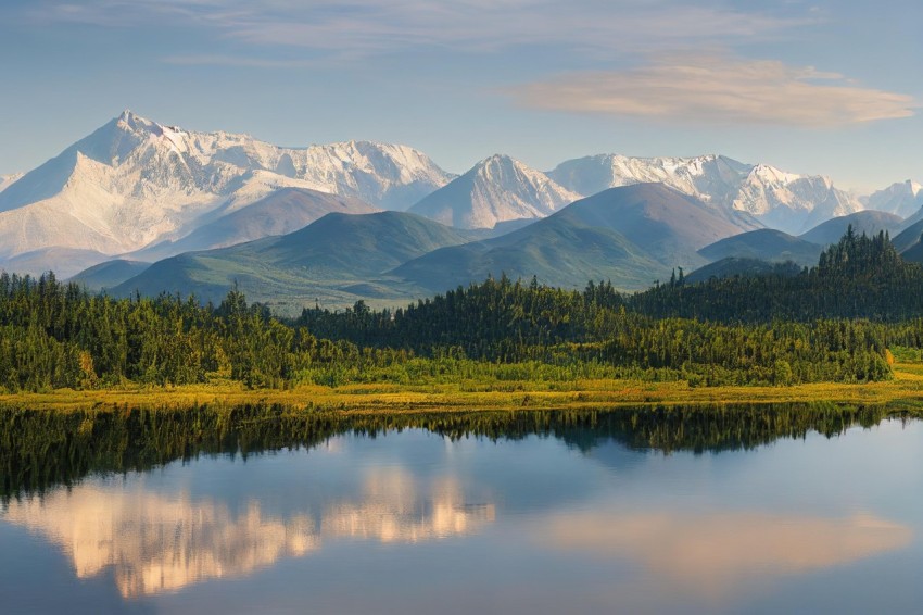 Alaska Mountain Peaks Reflected in Serene Lake | Traditional Landscape