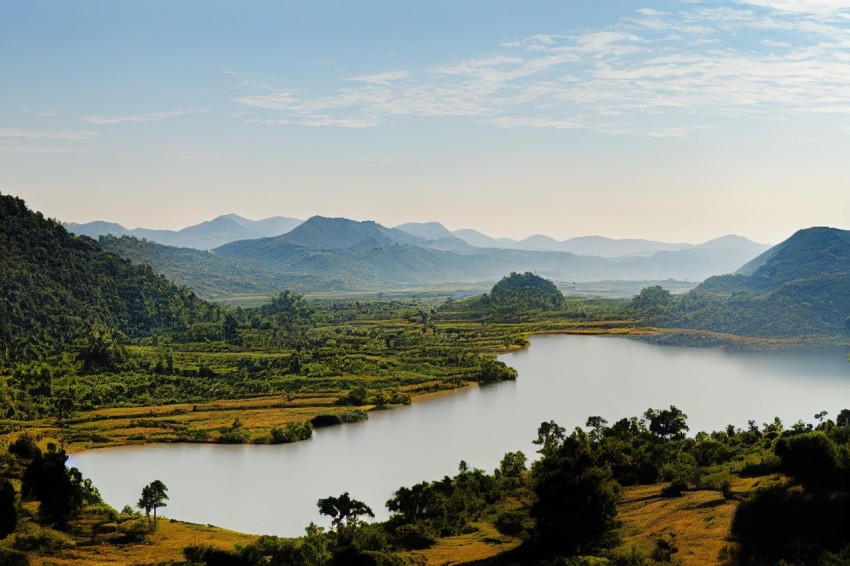 Serene Natural Landscape: Lake Surrounded by Trees in Art of Burma Style