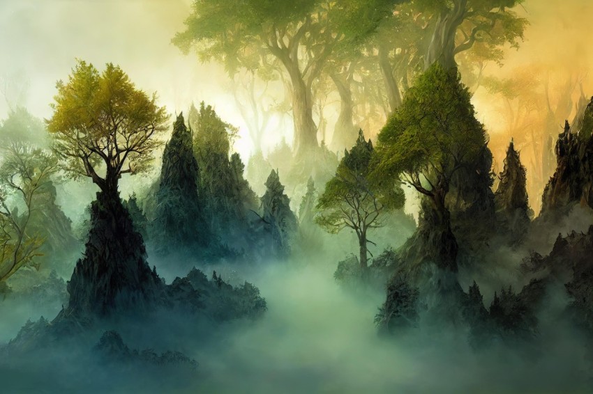 Mist-Filled Forest Scene with Mountains and Trees | Exotic Fantasy Landscapes