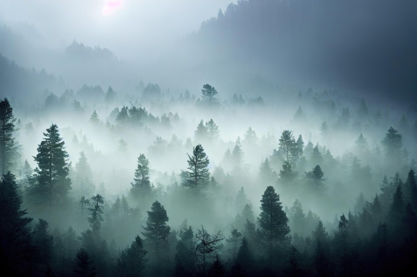 Mist-Covered Forest in Dark Magenta and Light Emerald | 8k Resolution