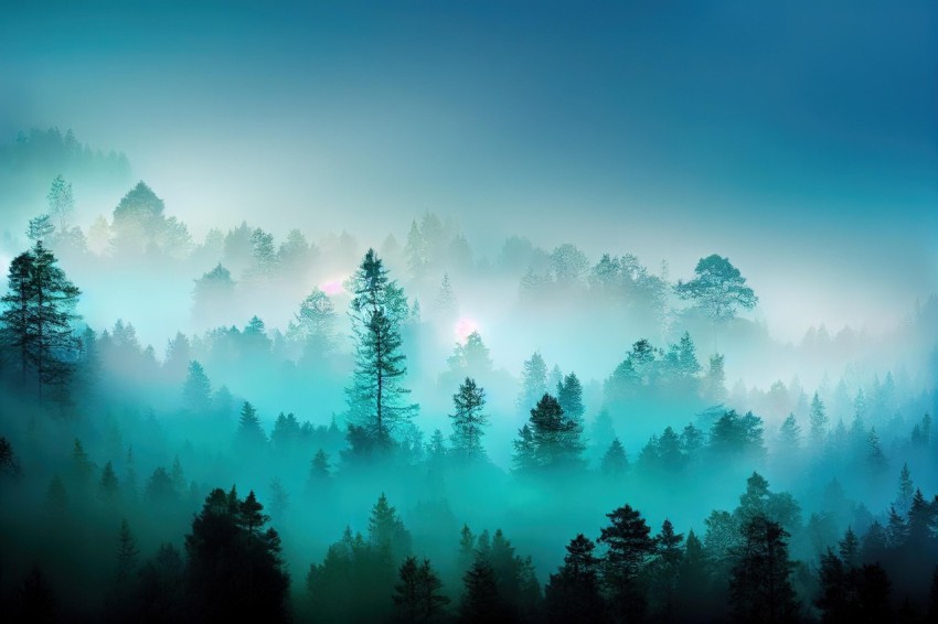 Mystical Foggy Forest with Evening Sky | High Detailed 8k Image