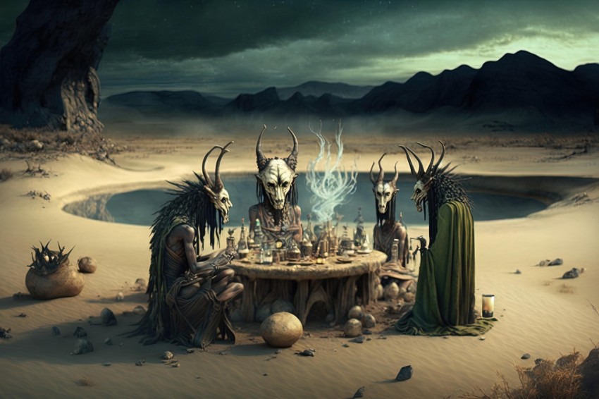 Mesmerizing Fantasy Art: Deities Gathered at a Desert Table
