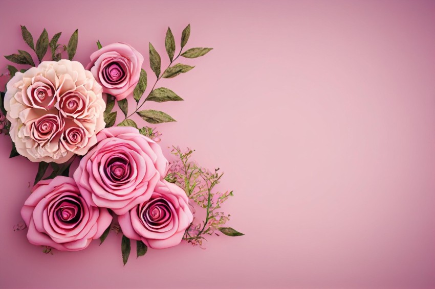 Flower Bouquet with Roses on Natural Pink Background