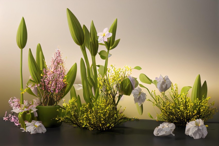 Botanical Abundance: A Stunning 3D Rendered Image of Plants and Flowers in a Vase