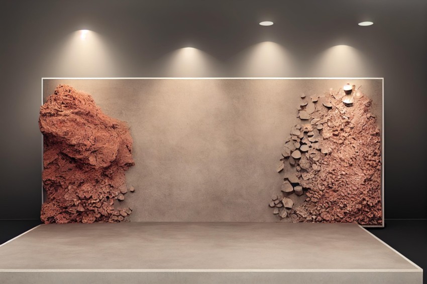 Terracotta Stage: Minimalist 3D Image with Rock Cliff