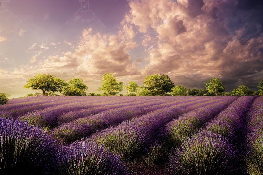 Colorful Lavender Field with Clouds - Vray Tracing Style