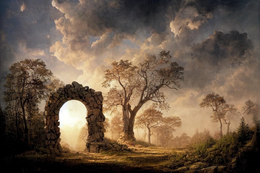 Ancient Entrance with Arch of Trees and Clouds - Dramatic Landscapes