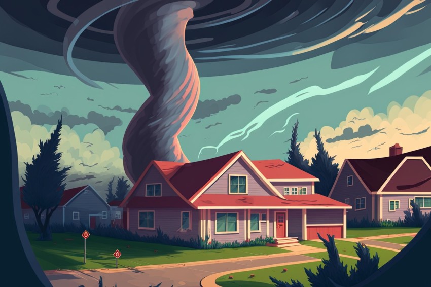 Detailed Character Design Painting of a Neighborhood with a Tornado