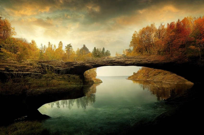 Tranquil Autumn Landscape: Rock Bridge over Lake | Ethereal Atmosphere