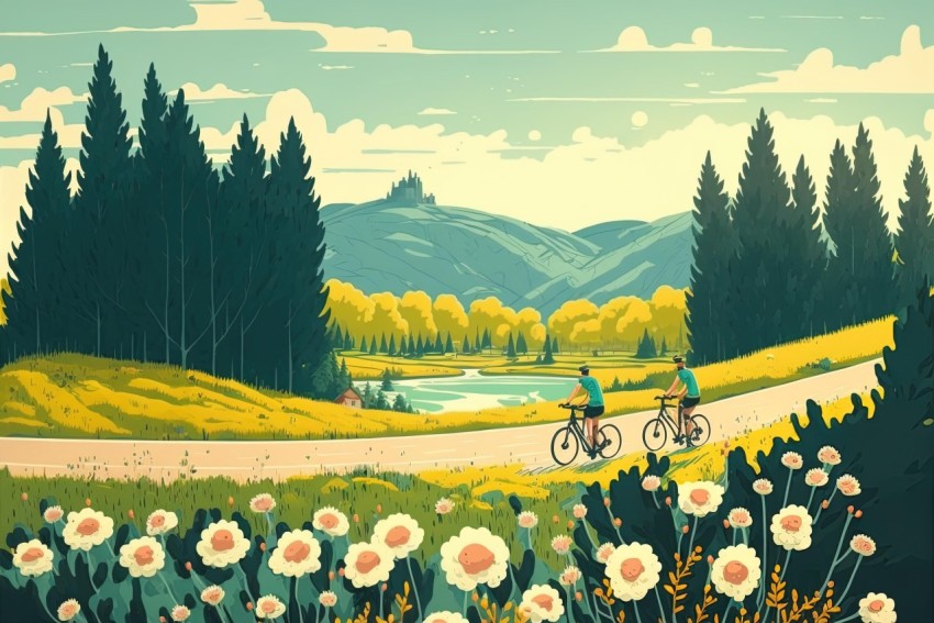 Cycling in a Winding Valley: Retro Illustration Painting
