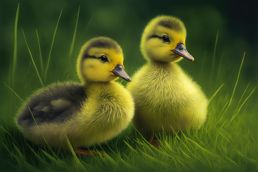 Realistic Baby Ducks in Grass - Charming Animal Illustrations