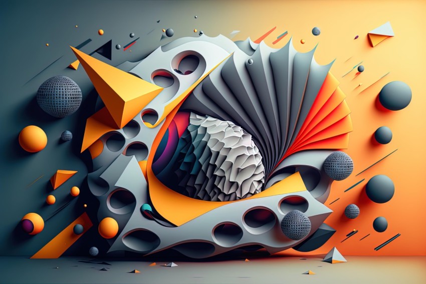 Swirling Colors: 3D Graphic Design with Geometric Shapes and Explosive Wildlife