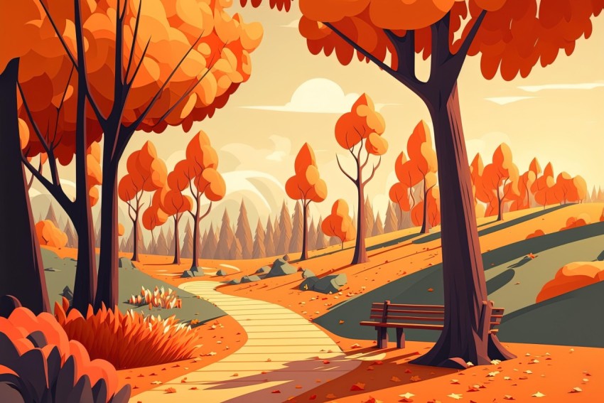 Autumn Scene with Bench: Illustration in 2D Game Art Style